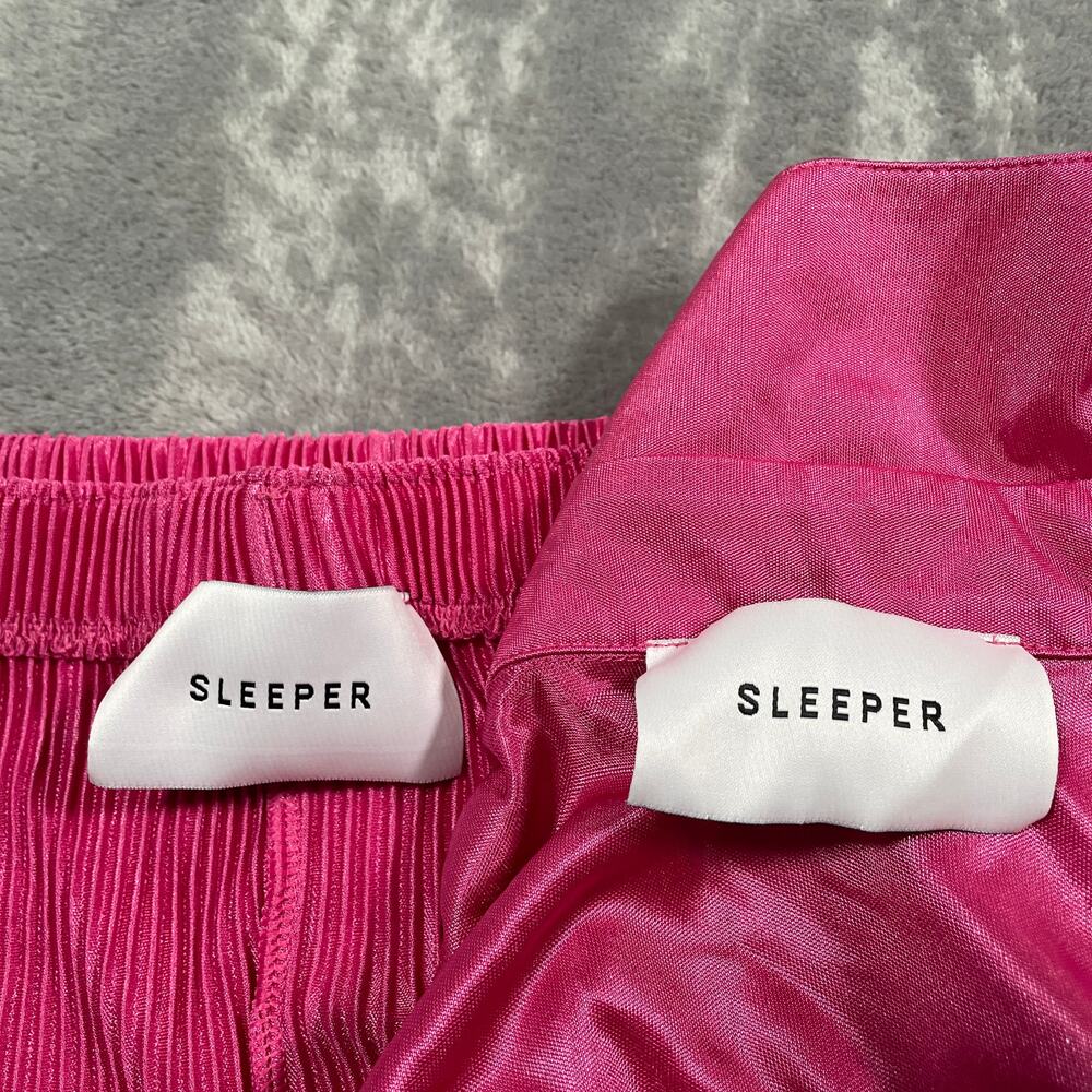 Sleeper Pajama Set Medium Pink Origami Plisse Flowy Silky Lounge Flared Stretch - Picture 2 of 12
